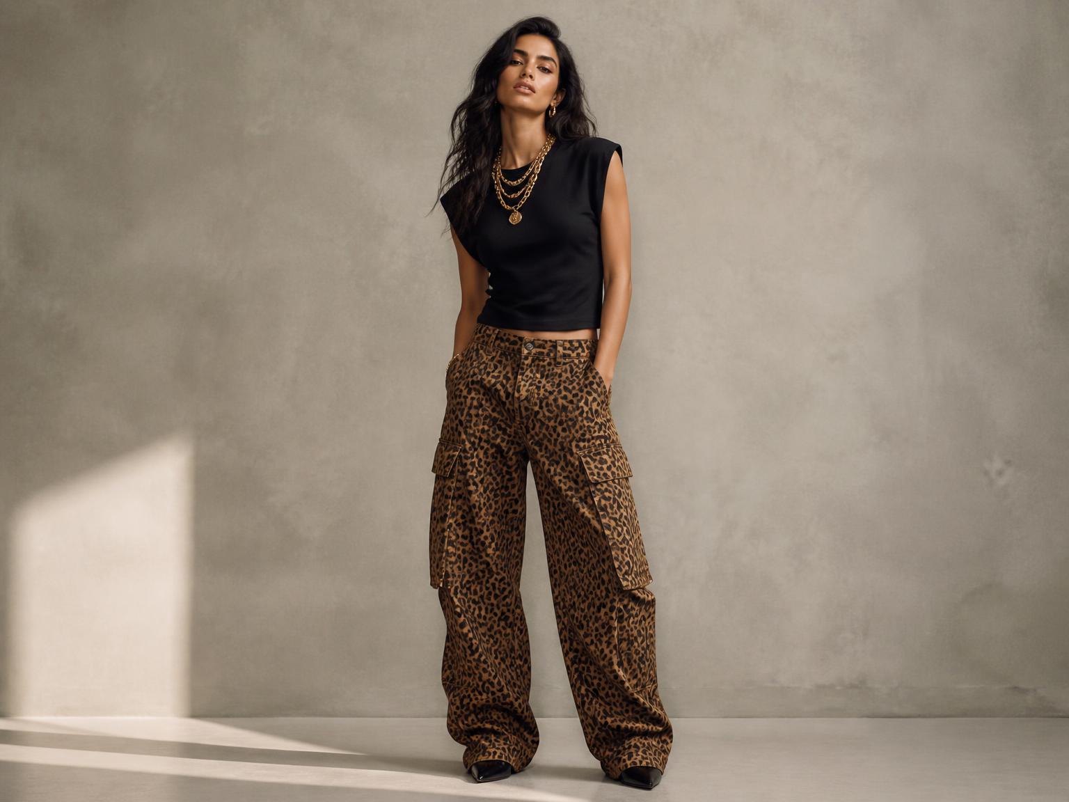 Model wearing leopard print cargo trousers with gold layered chains