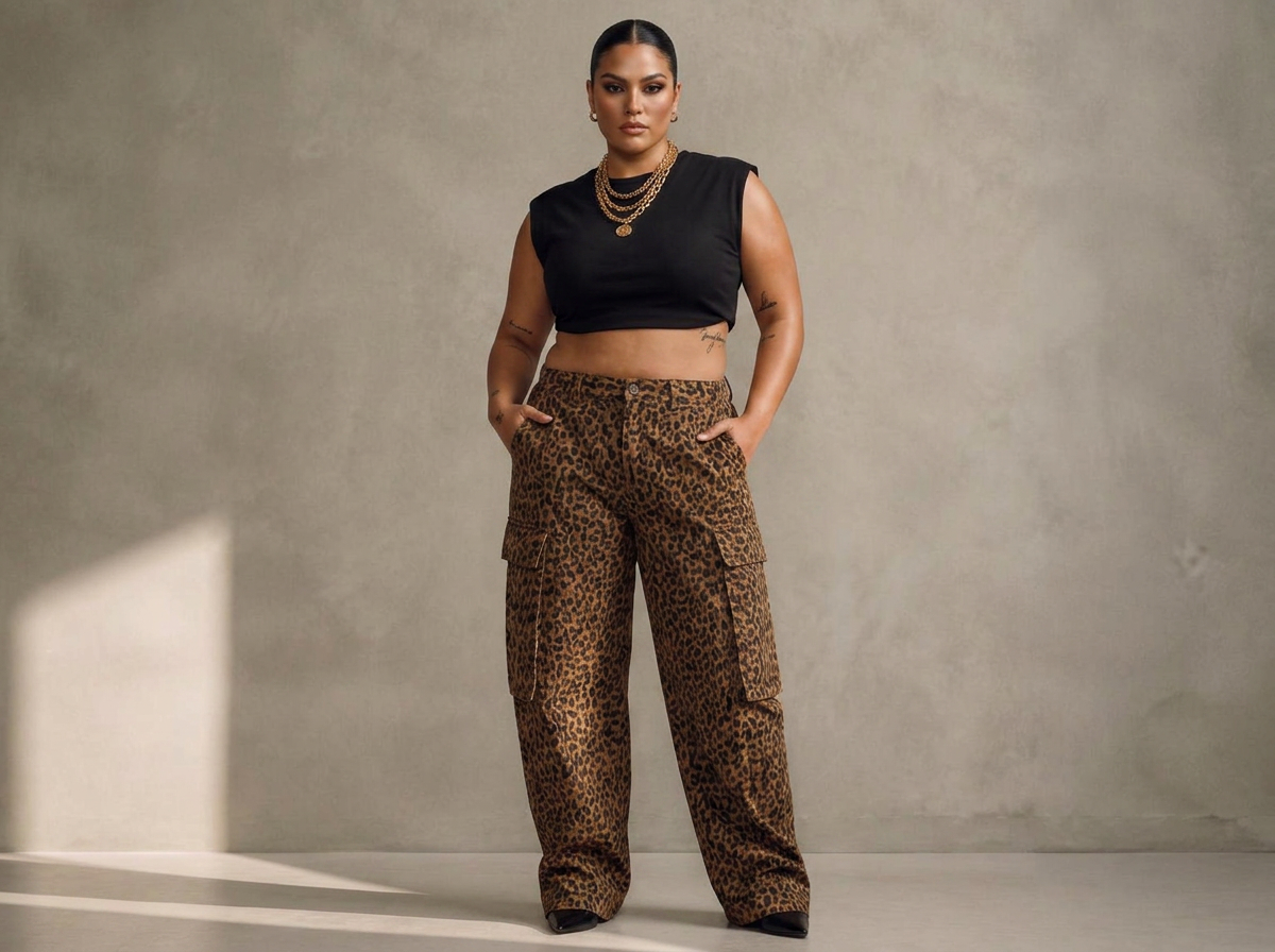 Model wearing leopard cargo trousers and layered gold chains