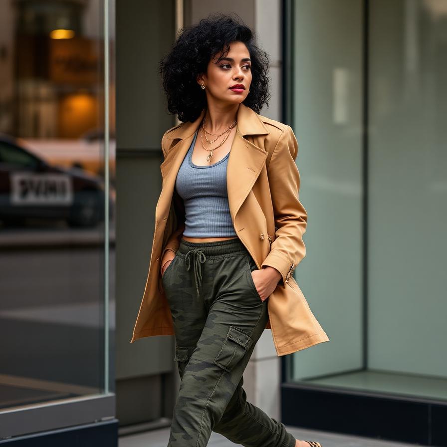 Tan trench and camo joggers