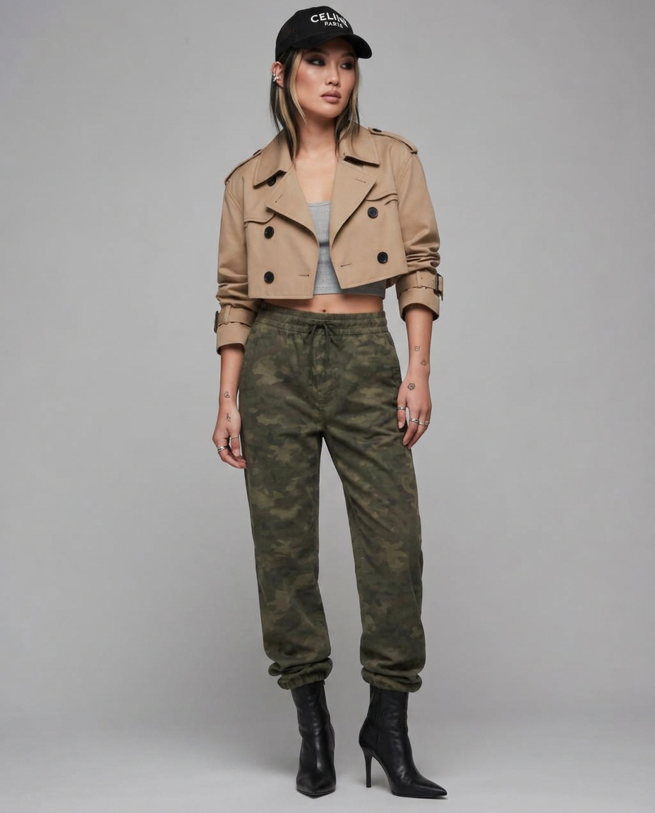 Model in a tan trench blazer